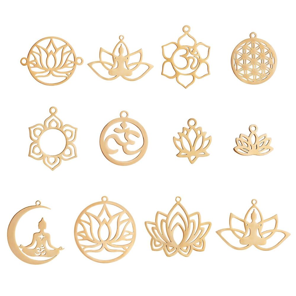 5654 12Pcs 12 Style Stainless Steel Charms Bulk Chakra Metal Pendants